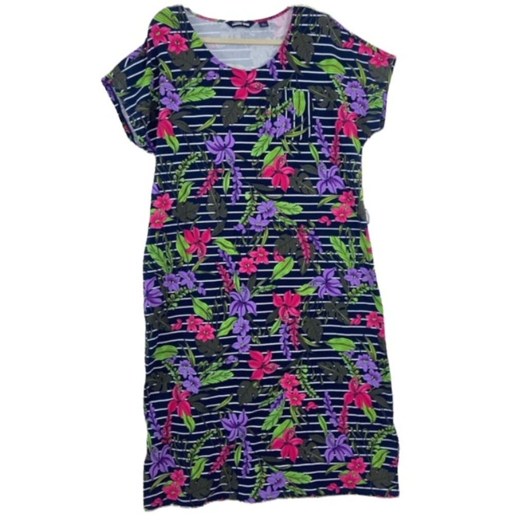 Lands end navy stripes tropical fitted maxi dress size large